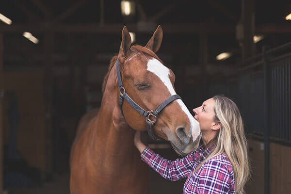 A magnificent horse stands in the barn, patiently waiting to go out. A woman is standing by him and affectionately resting her hand on him.